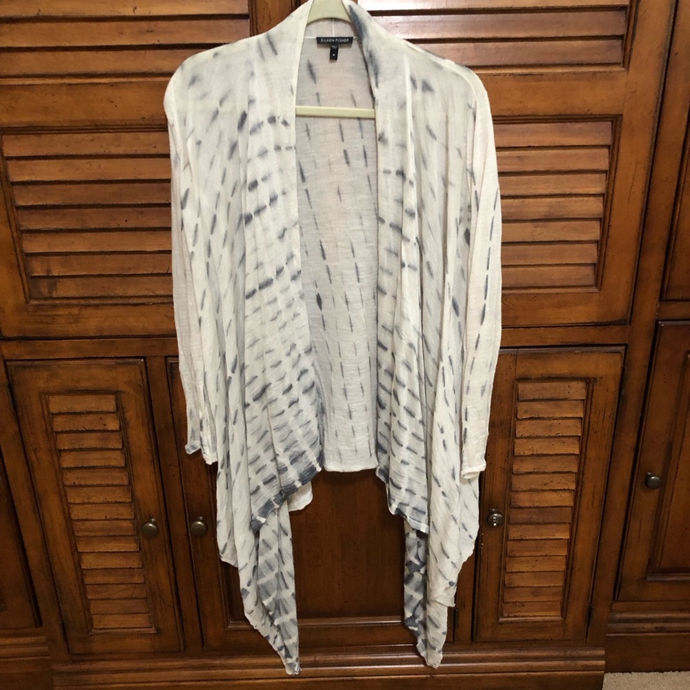 Eileen Fisher Cream and Gray Knit Cascading Wrap Cardigan - Size Medium ⏪️